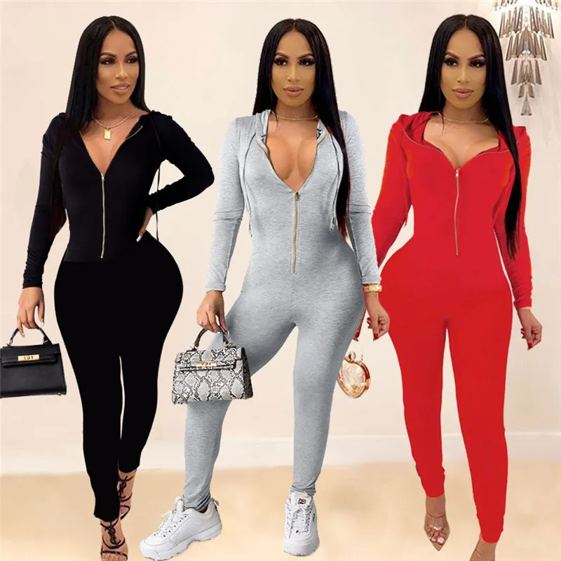 S-XXL Women Sexy Solid Color Zipper Hoodie Jumpsuit