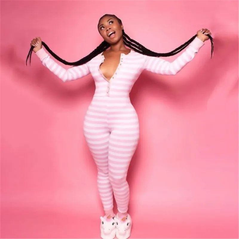 S-XL Women Fashion Stripe Printed Long Sleeve Romper Jumpsuit