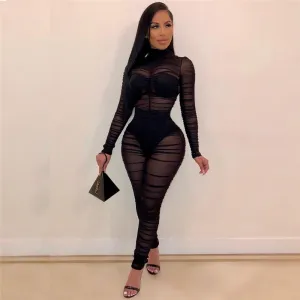 S-2XL Women Sexy See-Through Mesh Creased Jumpsuits Urban Leisure