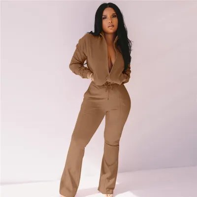 S-3XL Women Fashion Stand Collar Zipper Drawstring Waist Jumpsuits