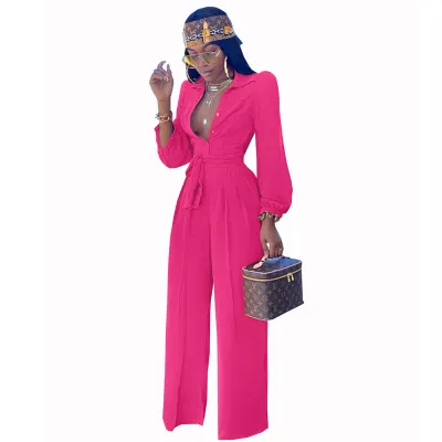 S-2xl Women Fashion Lapel Drawstring Waist Jumpsuits
