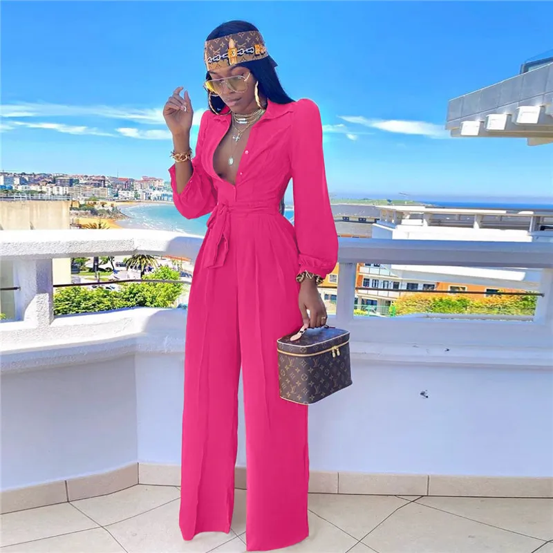 S-2xl Women Fashion Lapel Drawstring Waist Jumpsuits