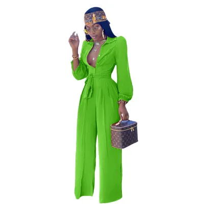 S-2xl Women Fashion Lapel Drawstring Waist Jumpsuits