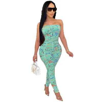S-XL Women Sexy Strapless Creased Multicolor Print Jumpsuits