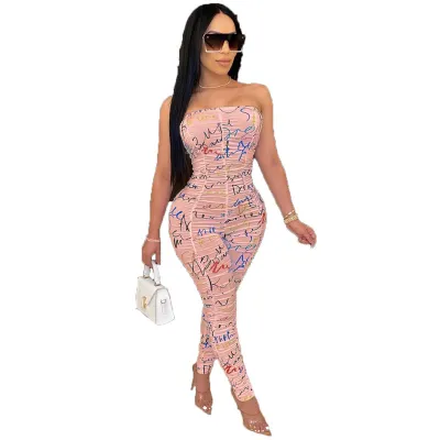 S-XL Women Sexy Strapless Creased Multicolor Print Jumpsuits