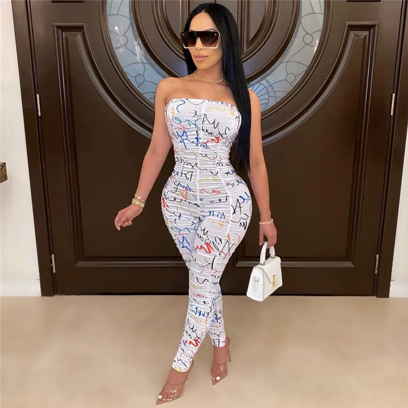 S-XL Women Sexy Strapless Creased Multicolor Print Jumpsuits