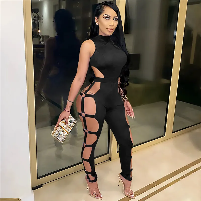 S-XXL Women Sexy Hollow Out Sleeveless Solid Color Jumpsuits