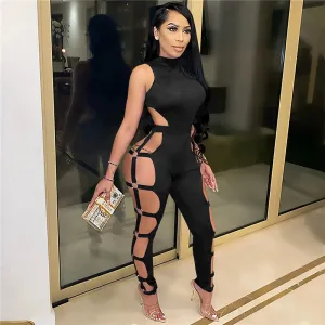 S-XXL Women Sexy Hollow Out Sleeveless Solid Color Jumpsuits