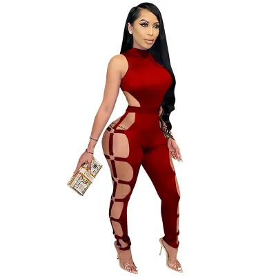 S-XXL Women Sexy Hollow Out Sleeveless Solid Color Jumpsuits