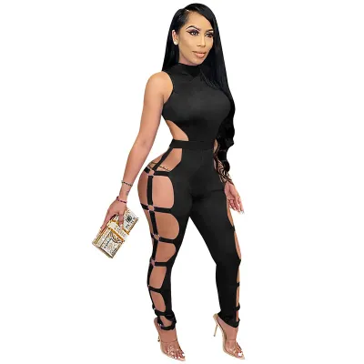 S-XXL Women Sexy Hollow Out Sleeveless Solid Color Jumpsuits