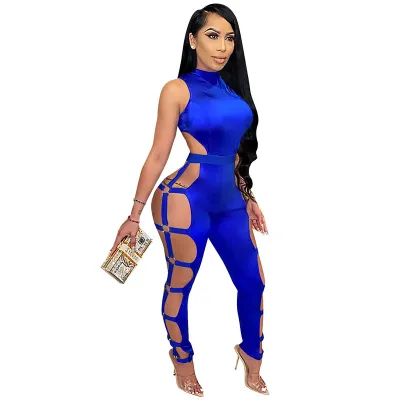 S-XXL Women Sexy Hollow Out Sleeveless Solid Color Jumpsuits