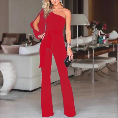 S-XL Women Fashion Solid Color Oblique Shoulder Jumpsuits