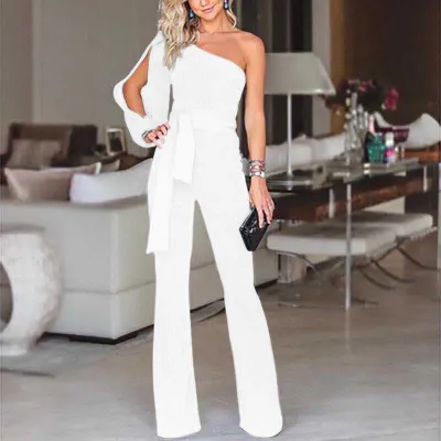 S-XL Women Fashion Solid Color Oblique Shoulder Jumpsuits