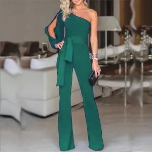 S-XL Women Fashion Solid Color Oblique Shoulder Jumpsuits