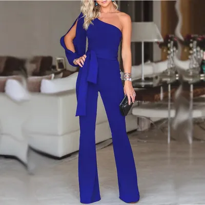 S-XL Women Fashion Solid Color Oblique Shoulder Jumpsuits
