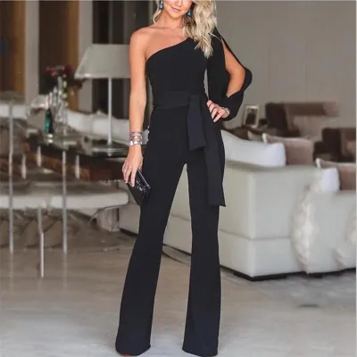 S-XL Women Fashion Solid Color Oblique Shoulder Jumpsuits