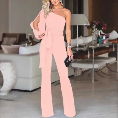 S-XL Women Fashion Solid Color Oblique Shoulder Jumpsuits