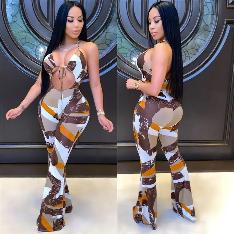 S-XL Women Sexy Halter Neck Hollow Out Contrast Color Print Jumpsuits