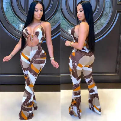 S-XL Women Sexy Halter Neck Hollow Out Contrast Color Print Jumpsuits