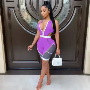 S-XXL Women Sexy Sleeveless Hollow Out Zipper Contrast Color Rompers