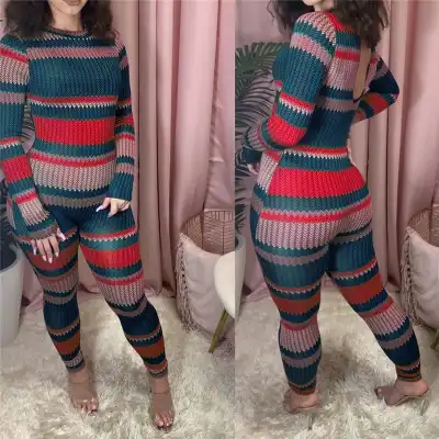 S-2XL Women Contrast Color Stripe Print Jumpsuits Urban Leisure Style