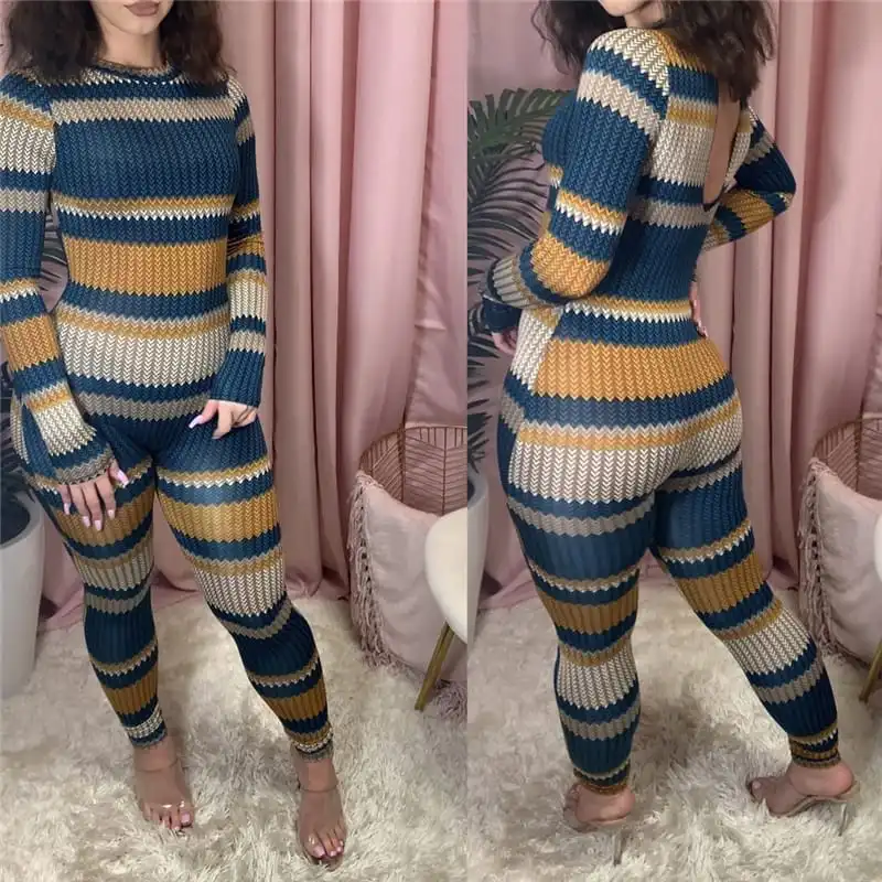 S-2XL Women Contrast Color Stripe Print Jumpsuits Urban Leisure Style