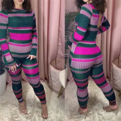 S-2XL Women Contrast Color Stripe Print Jumpsuits Urban Leisure Style