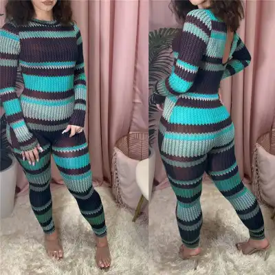 S-2XL Women Contrast Color Stripe Print Jumpsuits Urban Leisure Style