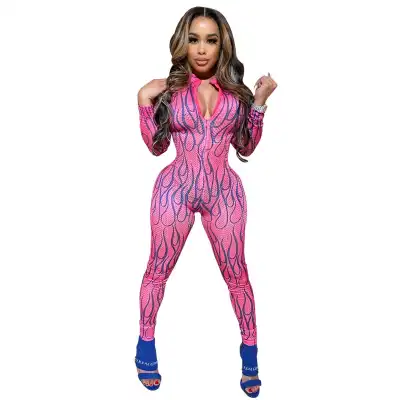 S-XL Women Sexy Graphic Print Stand Collar Jumpsuits