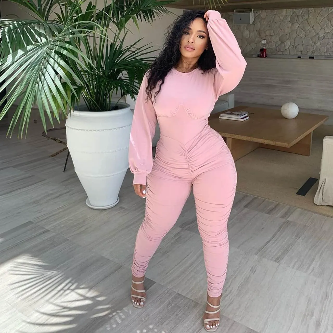 S-XXL Women Fashion Crew Neck Creased Jumpsuits