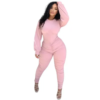 S-XXL Women Fashion Crew Neck Creased Jumpsuits
