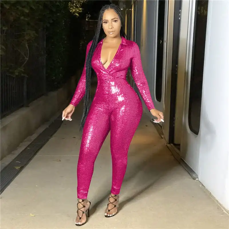 S-XL Women Sexy Lapel Deep V Jumpsuits