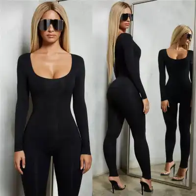 S-XL Women Solid Color U Neck Long Sleeve Jumpsuits