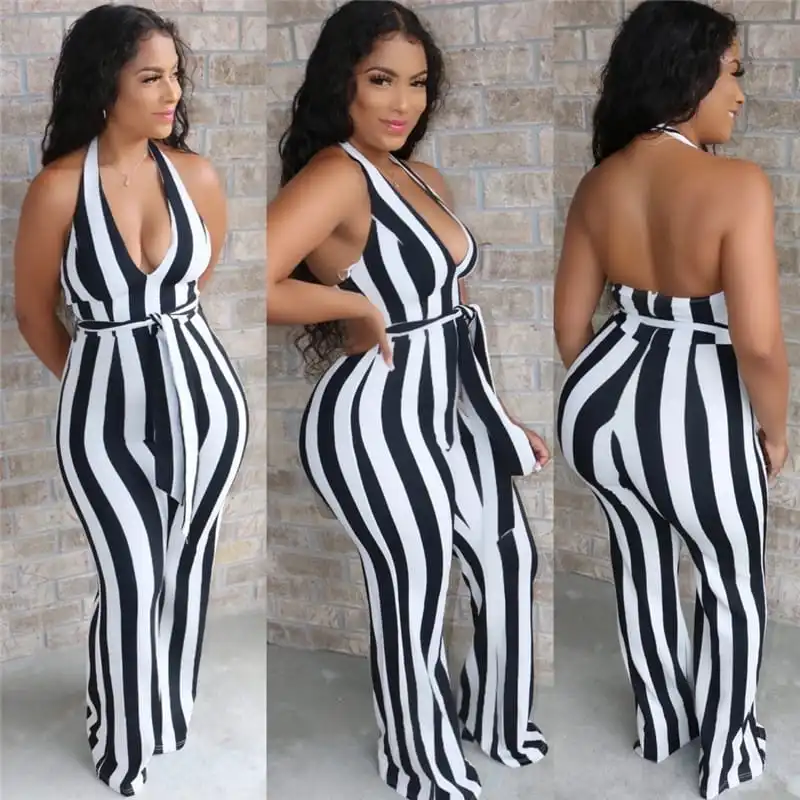 S-XXL Women Halter Neck Backless Stripe Printing Jumpsuits