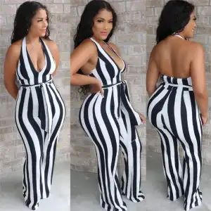 S-XXL Women Halter Neck Backless Stripe Printing Jumpsuits