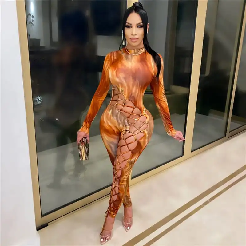 S-XXL Women Sexy Backless Hollow Out Lace Up Jumpsuits