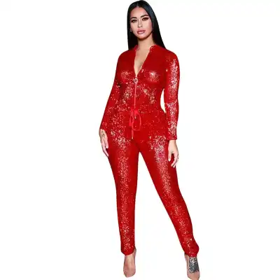 S-3XL Women Fashion Sequin Stand Collar Zipper Drawstring Waist Jumpsuits