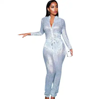 S-3XL Women Fashion Sequin Stand Collar Zipper Drawstring Waist Jumpsuits