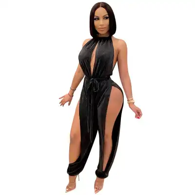 S-XXL Women Sexy Halter Neck Hollow Out Solid Color Jumpsuits