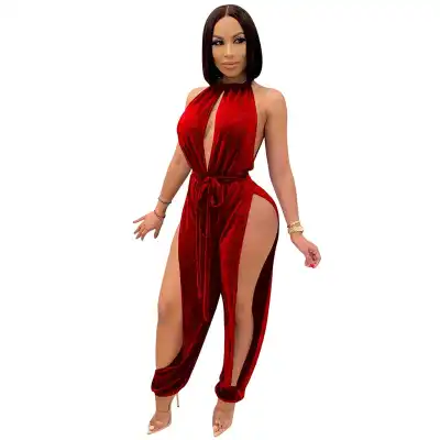 S-XXL Women Sexy Halter Neck Hollow Out Solid Color Jumpsuits