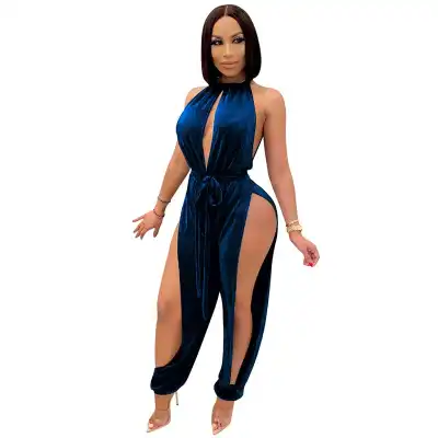 S-XXL Women Sexy Halter Neck Hollow Out Solid Color Jumpsuits