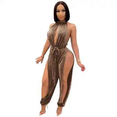 S-XXL Women Sexy Halter Neck Hollow Out Solid Color Jumpsuits