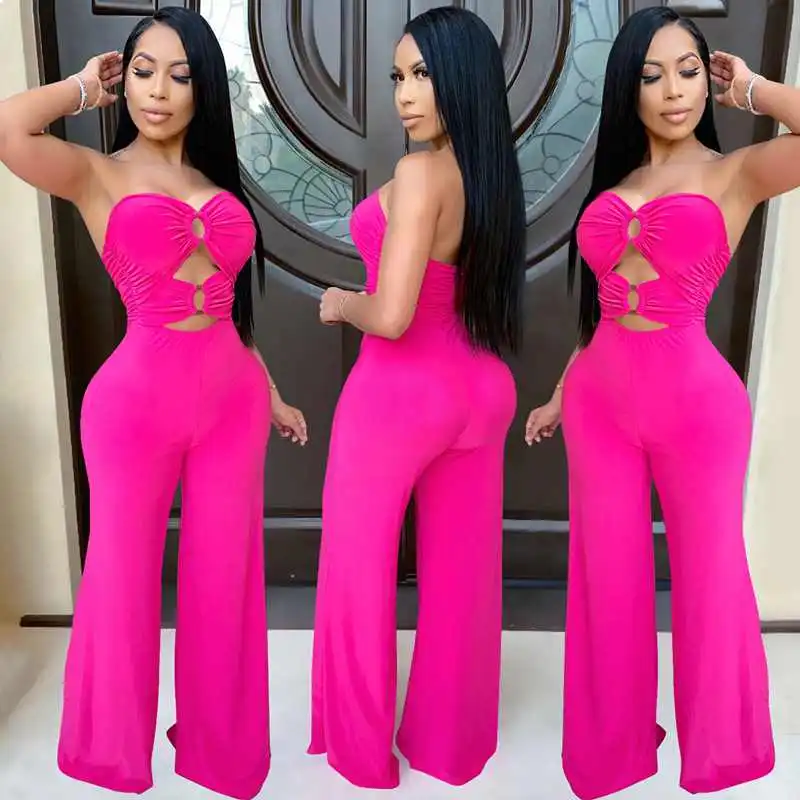 S-XXL Women Sexy Tube Top Hollow Out Solid Color Wide Leg Jumpsuits