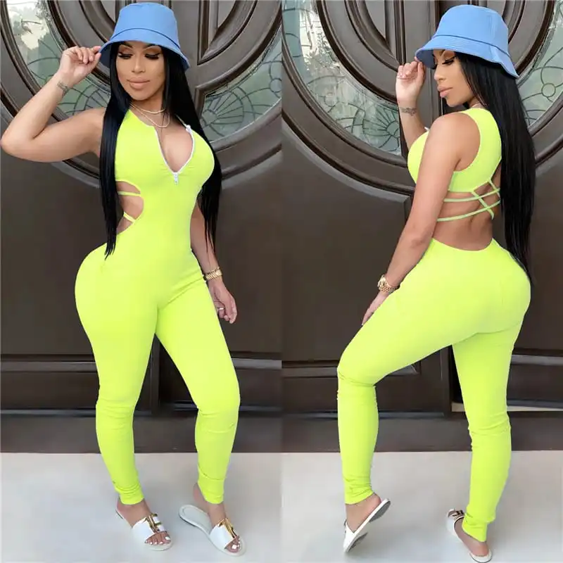 S-XXL Women Sexy Hollow Out Backless Zipper Neon Color Rompers Jumpsuits
