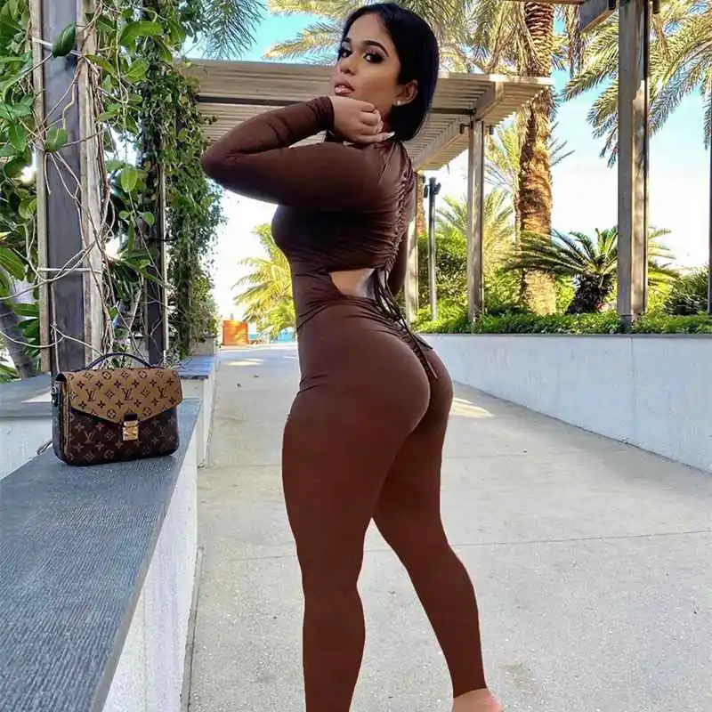 S-XXL Women Fashion Solid Color Deep V Neck Drawstring Jumpsuits