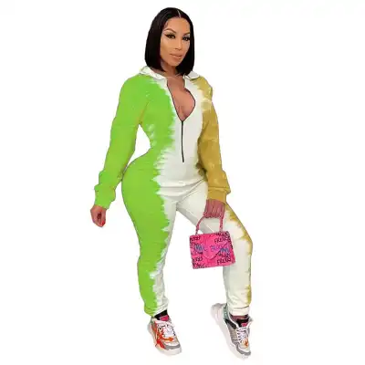 S-3XL Women Fashion Stand Collar Zipper Tie Dye Jumpsuits