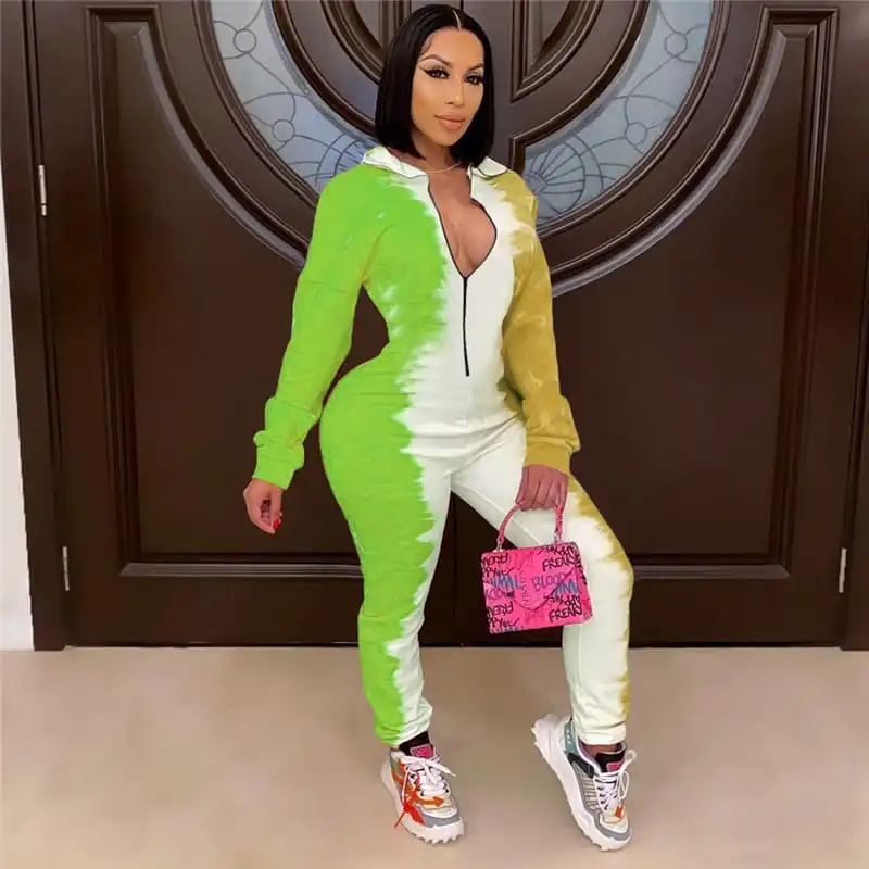 S-3XL Women Fashion Stand Collar Zipper Tie Dye Jumpsuits