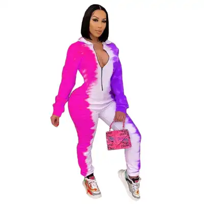 S-3XL Women Fashion Stand Collar Zipper Tie Dye Jumpsuits