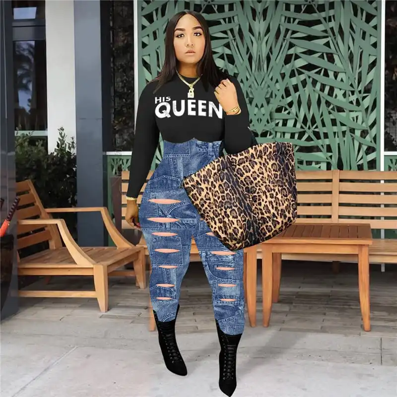 S-3XL Women Fashion Color Contrast Graphic Print Patchwork Ripped Jumpsuits
