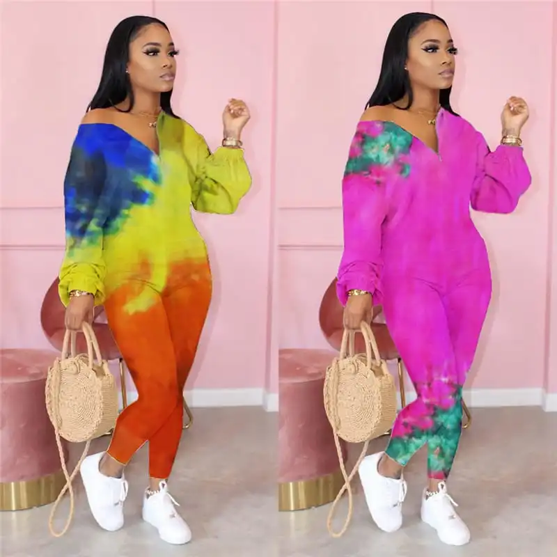 S-3XL Women Tie Dye Zipper Loose Jumpsuits